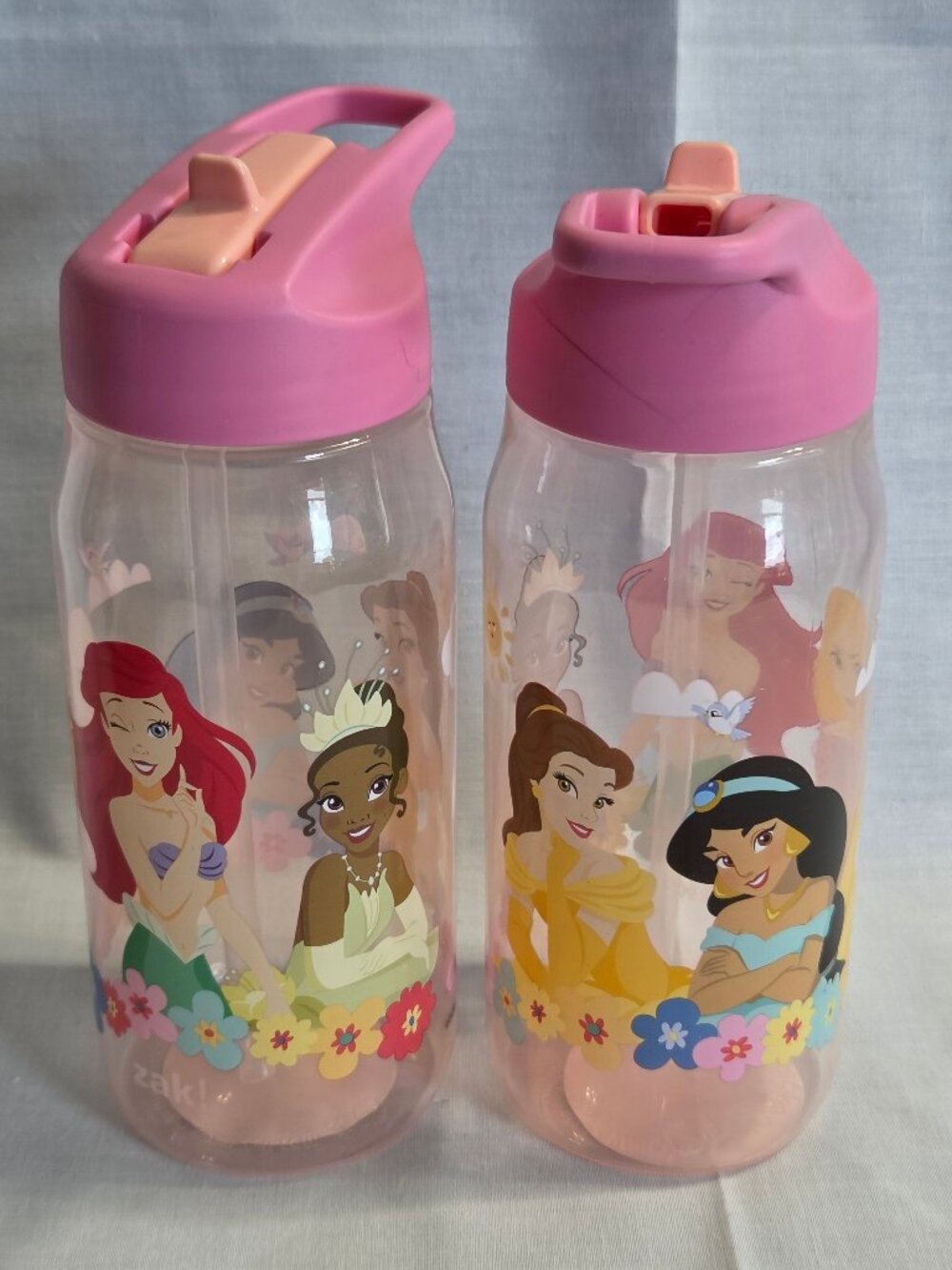 DISNEY Set 2 PRINCESS Kids Travel Water BOTTLES Drink Lid Straws Cups